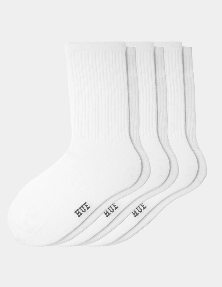 Three pairs of white ribbed crew socks on a light gray background, each printed with the brand name 'HUE' in black near the foot opening.