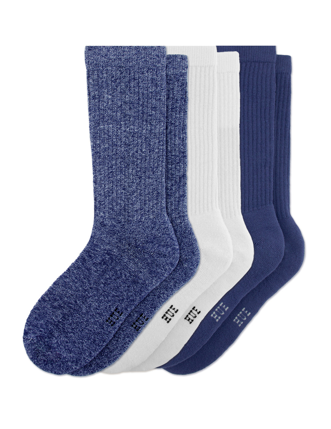 Set of three pairs of socks in blue and white on a white background