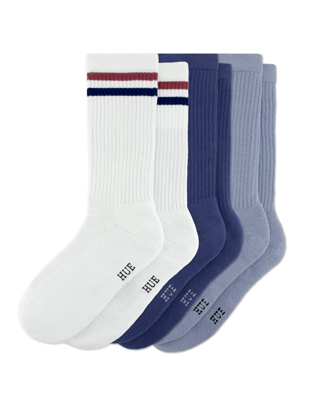 Set of three socks in light blue, dark blue, and white with striped design on a white background