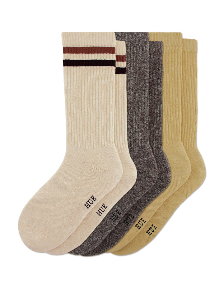 Set of three men's socks in beige, brown, and mustard yellow on a white background