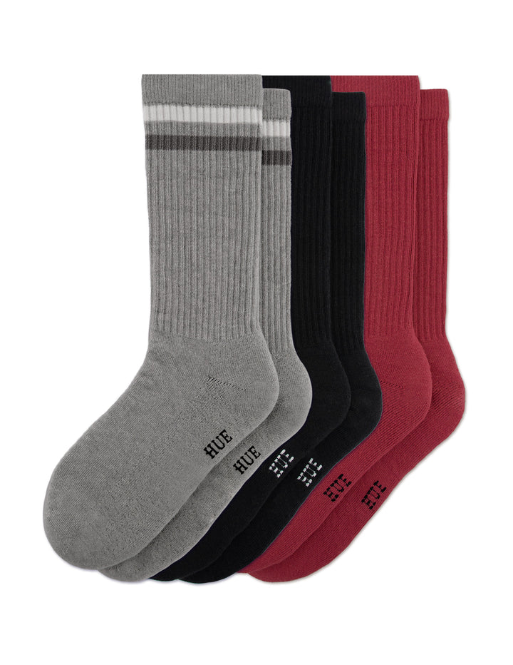 Set of gray, black, and red socks with 'HUE' branding on a white background