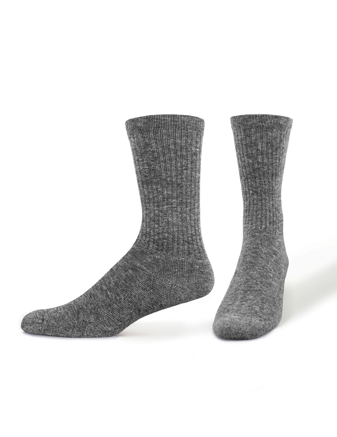 Pair of gray socks on foot forms on a white background