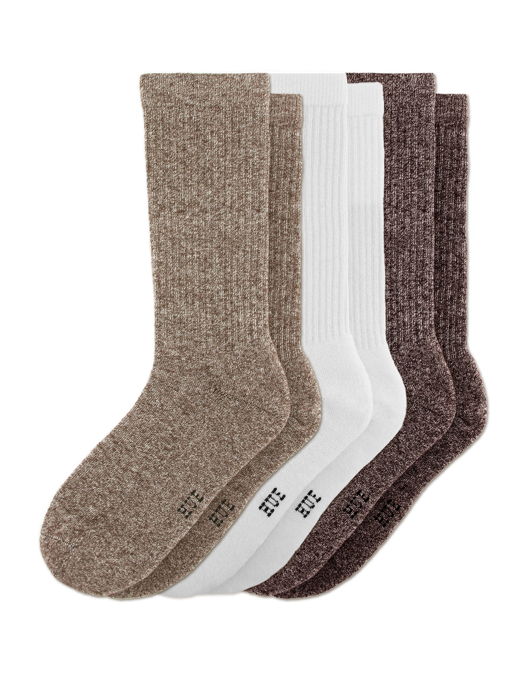 Set of three pairs of socks in tan, white, and dark brown on a white background