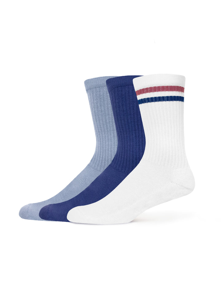 Three pairs of socks in light blue, deeper blue, and white with a blue and red stripe on a white background