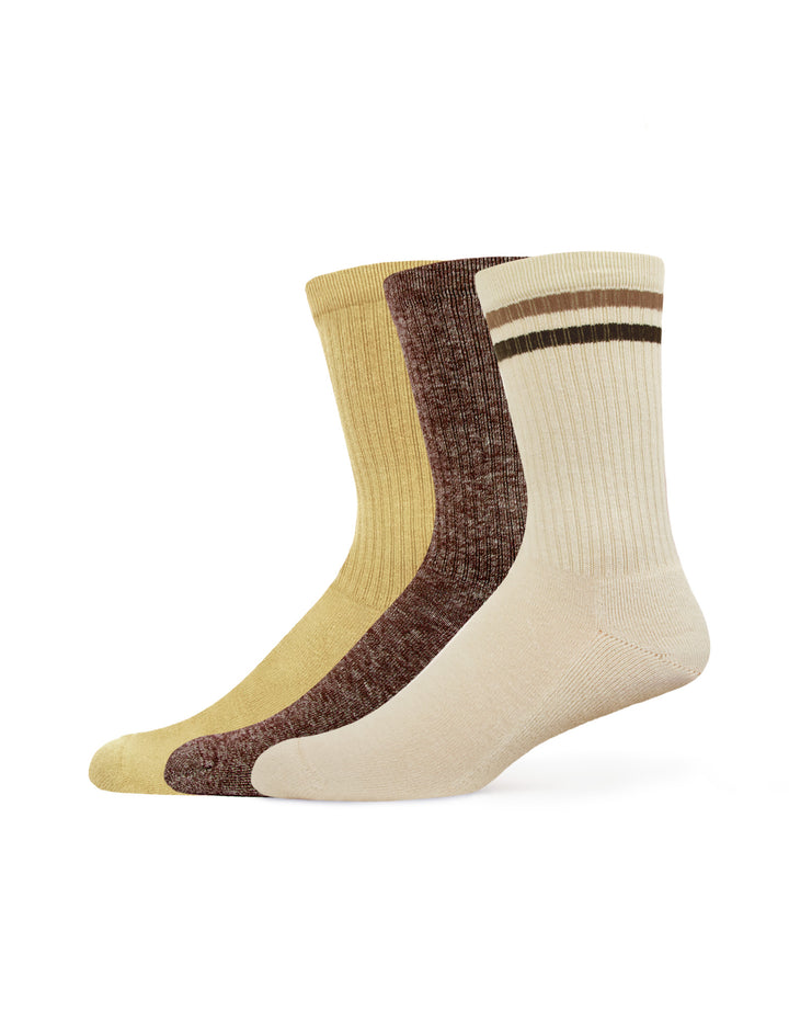 Three pairs of socks in beige, brown, and cream colors on a white background