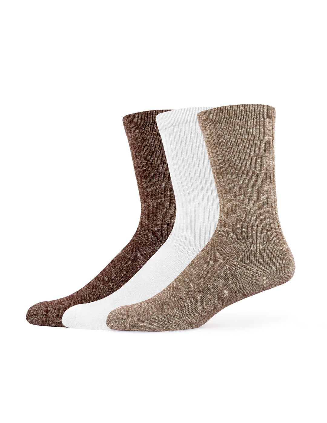 Three pairs of socks in brown, white, and beige on a white background