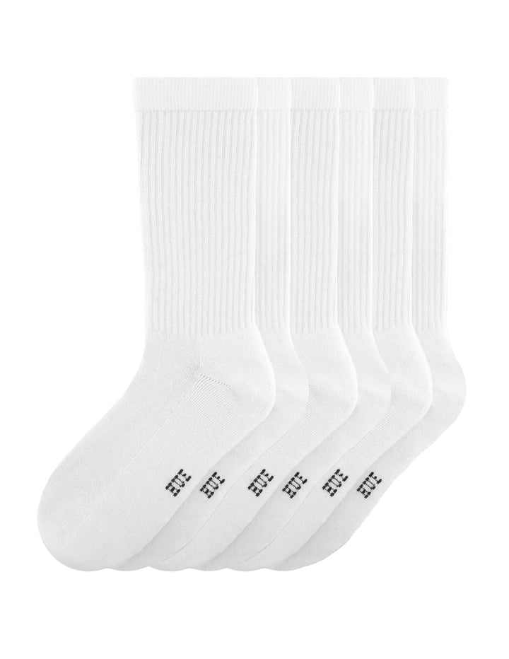 Three pairs of white socks with a black HUE brand logo on a white background