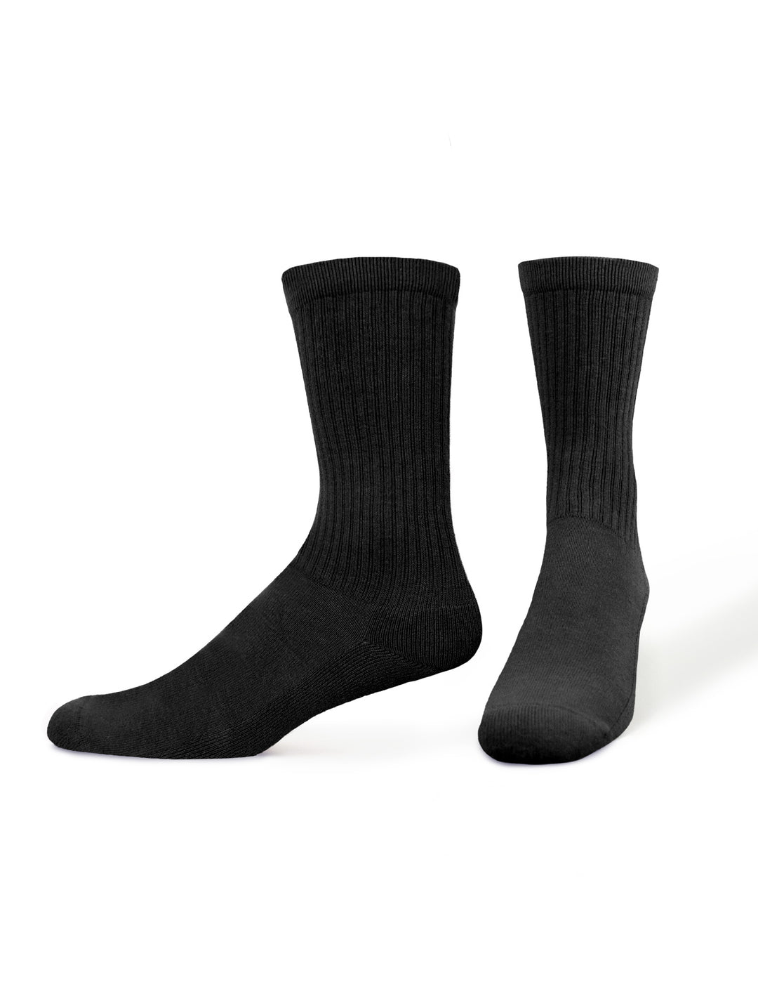 Pair of black men's socks on foot forms on white background