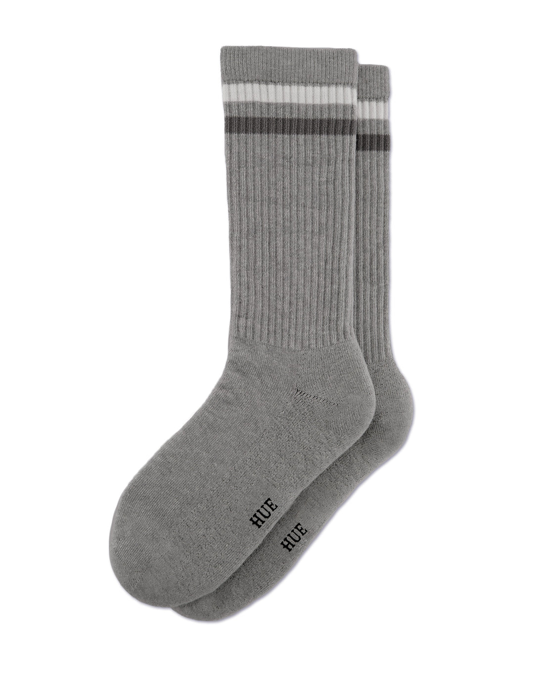 Gray socks with striped pattern on a white background
