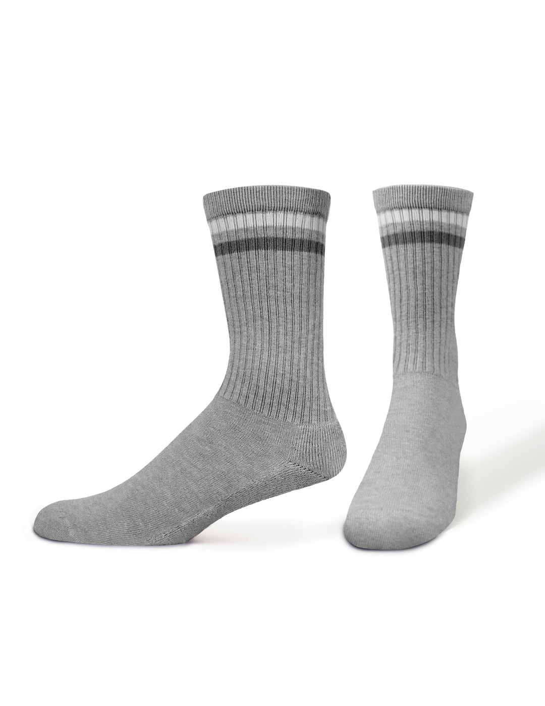 Pair of gray socks with striped pattern on a white background