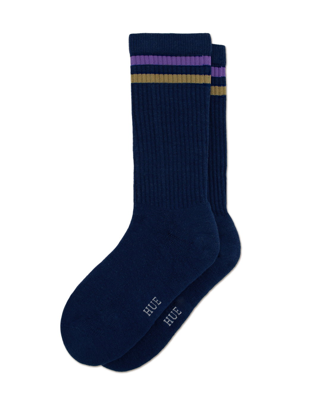 Navy socks with colorful stripes on a white background