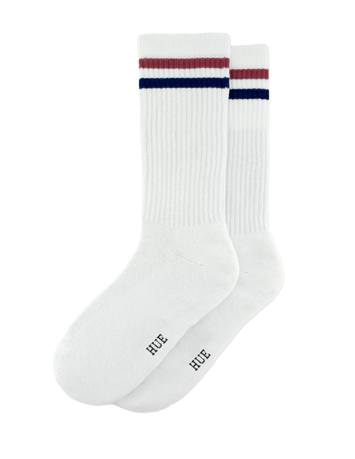 White socks with colorful stripes on a white background