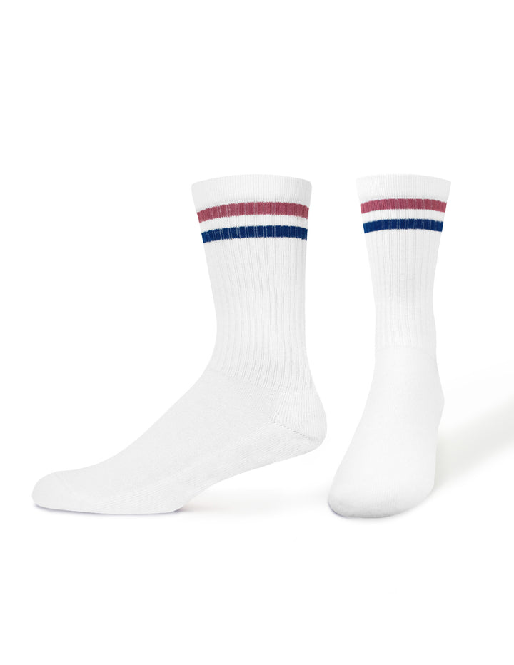 Pair of white socks with red and blue stripes on a white background