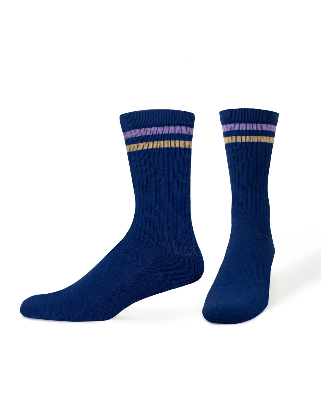 Pair of navy socks with purple and gold stripes on a white background