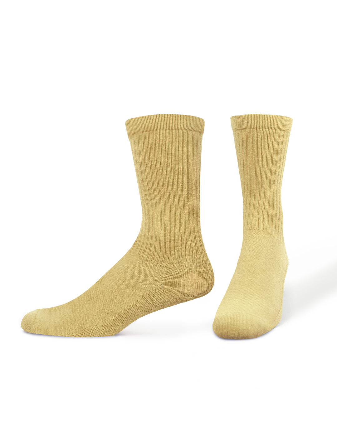 Pair of mustard yellow socks on a white background