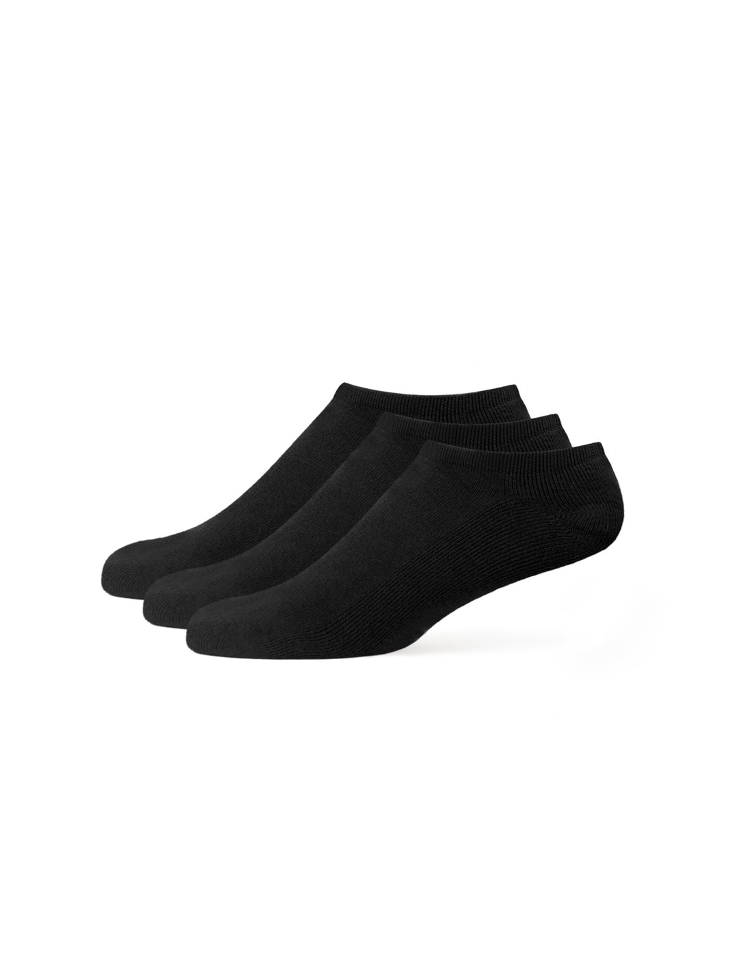 Three pairs of black ankle socks on a white background