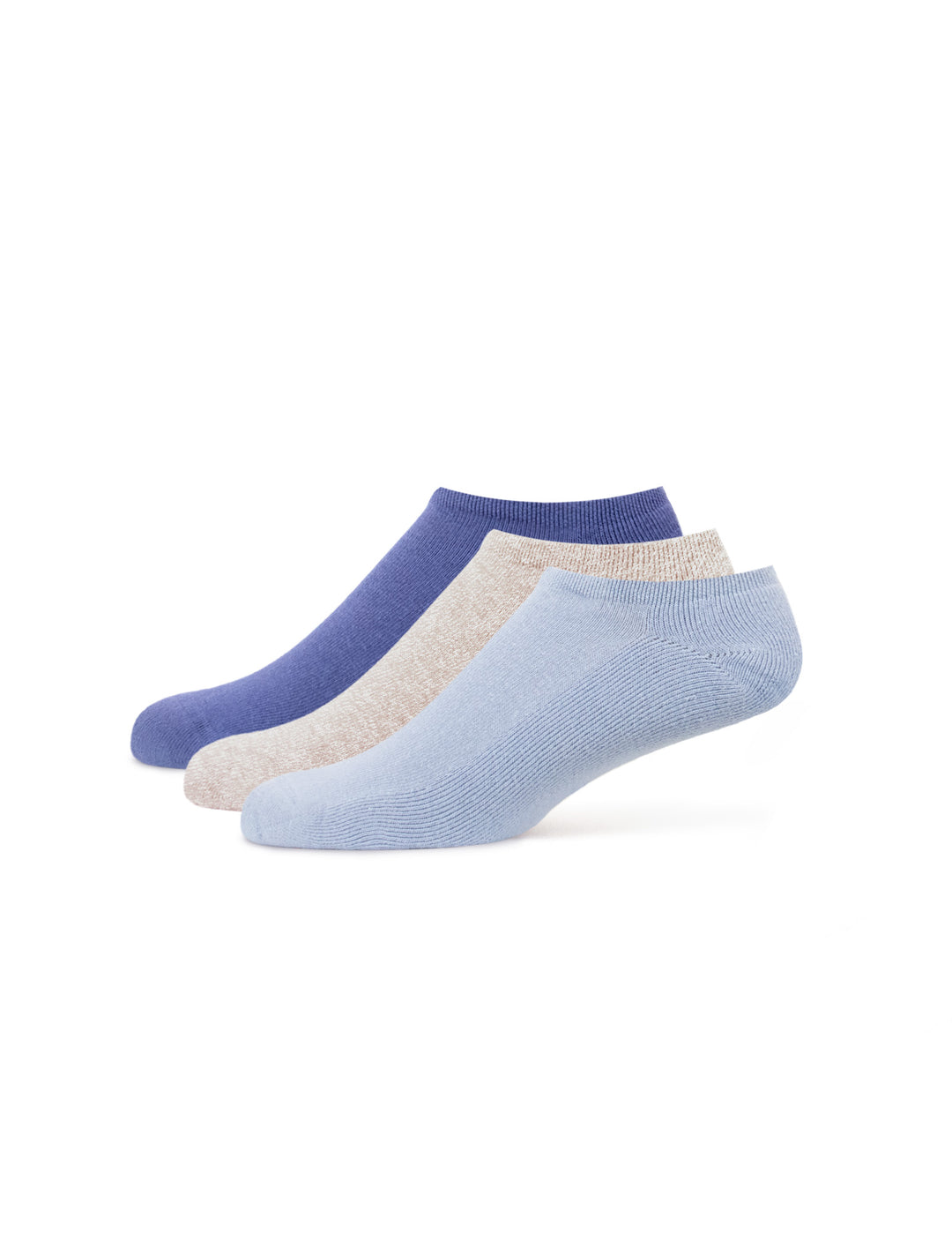 Three pairs of ankle socks in blue, beige, and light blue on a white background
