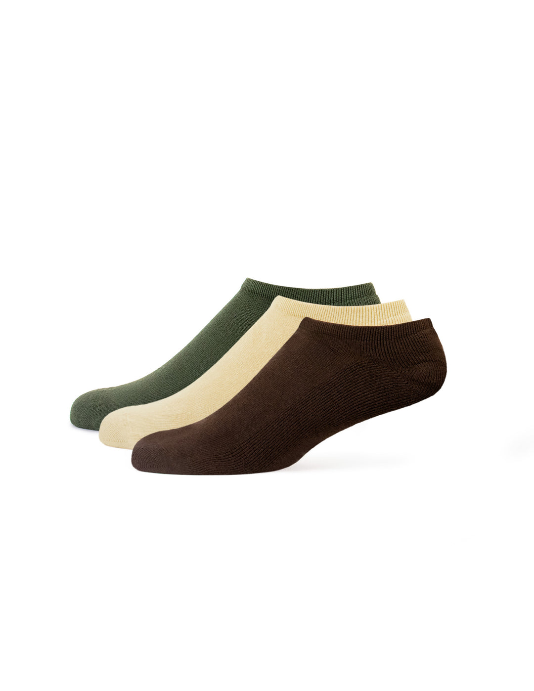 Three pairs of socks in green, beige, and brown on a white background