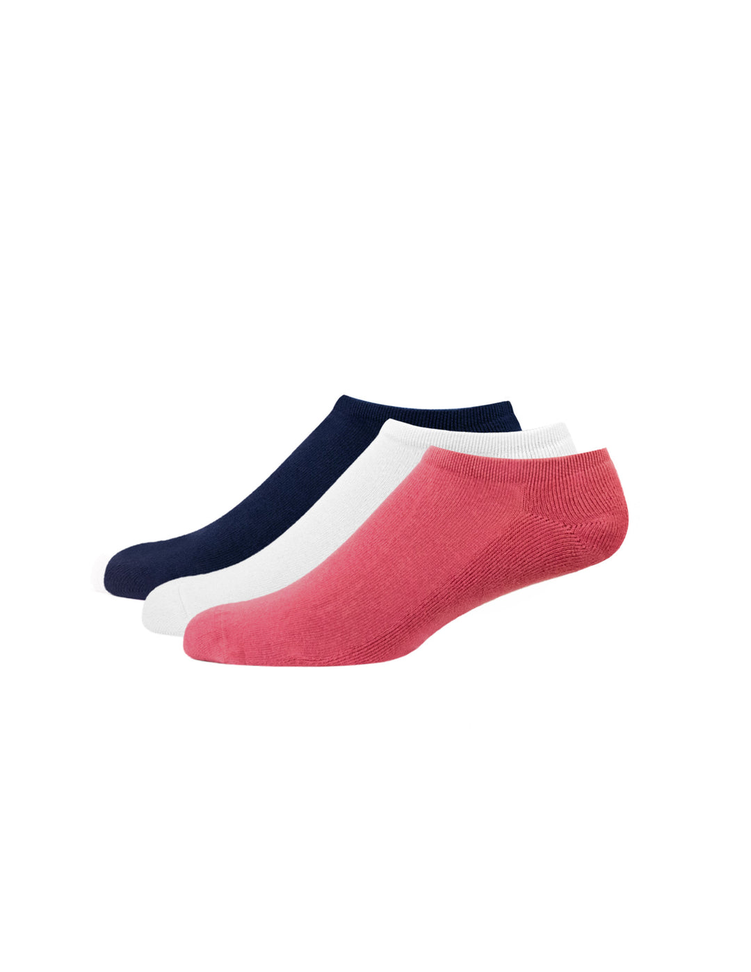 Three pairs of ankle socks in red, white, and navy on a white background