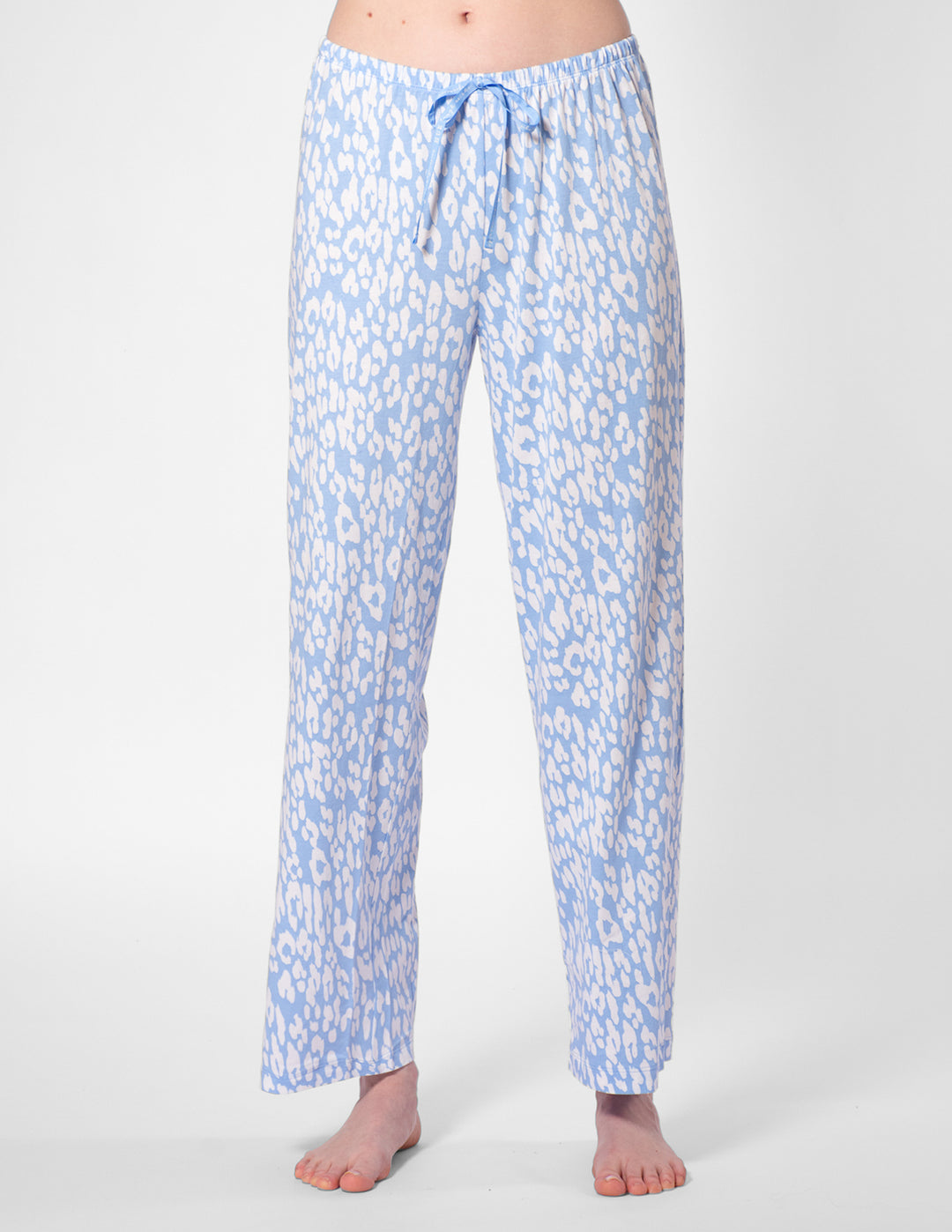 Light blue floral pajama pants on a white background