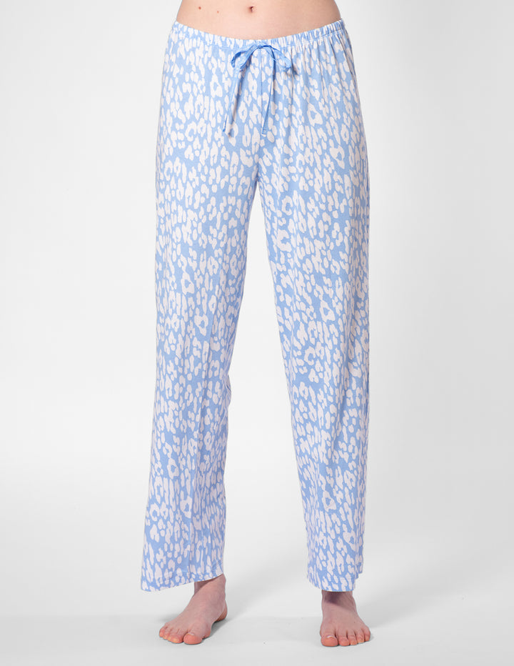 Light blue floral pajama pants on a white background