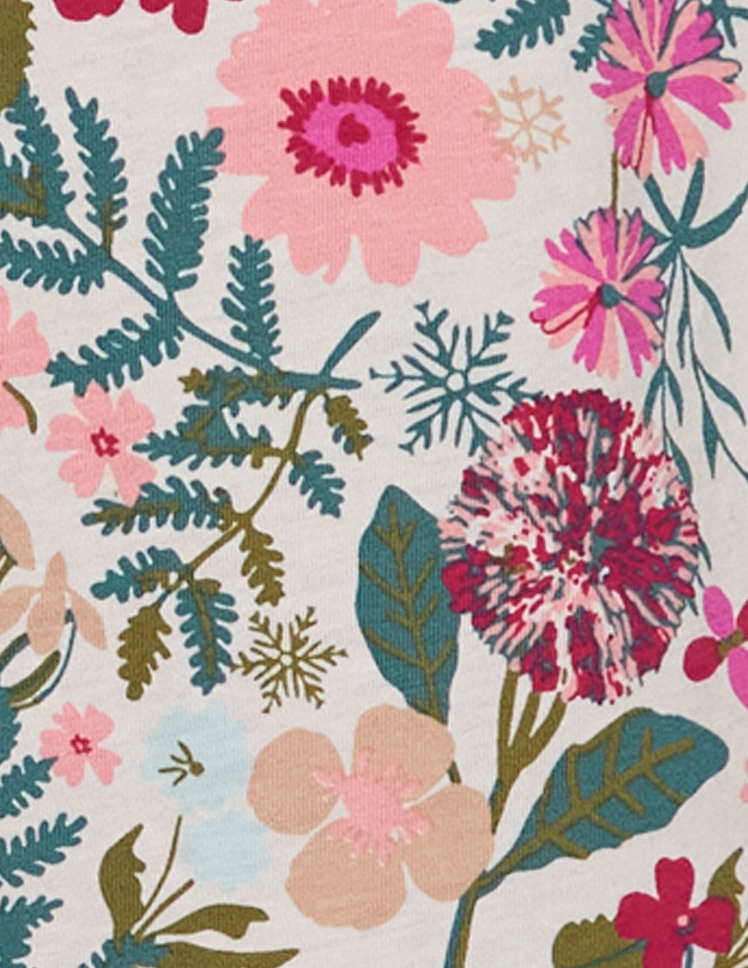 Detailed view of a white fabric with a winter floral pattern.