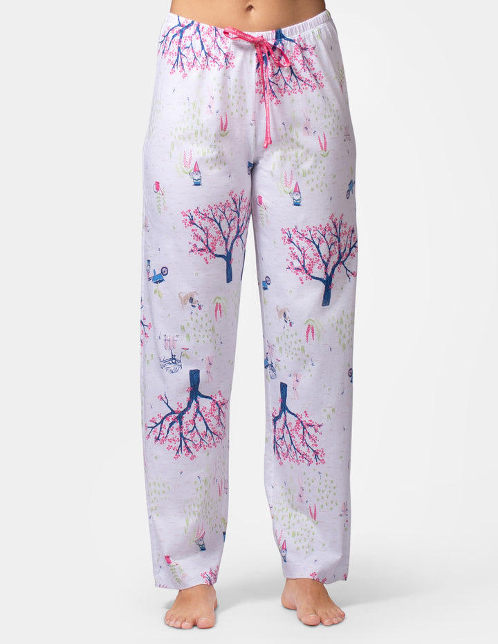 Floral-patterned pajama pants on a white background