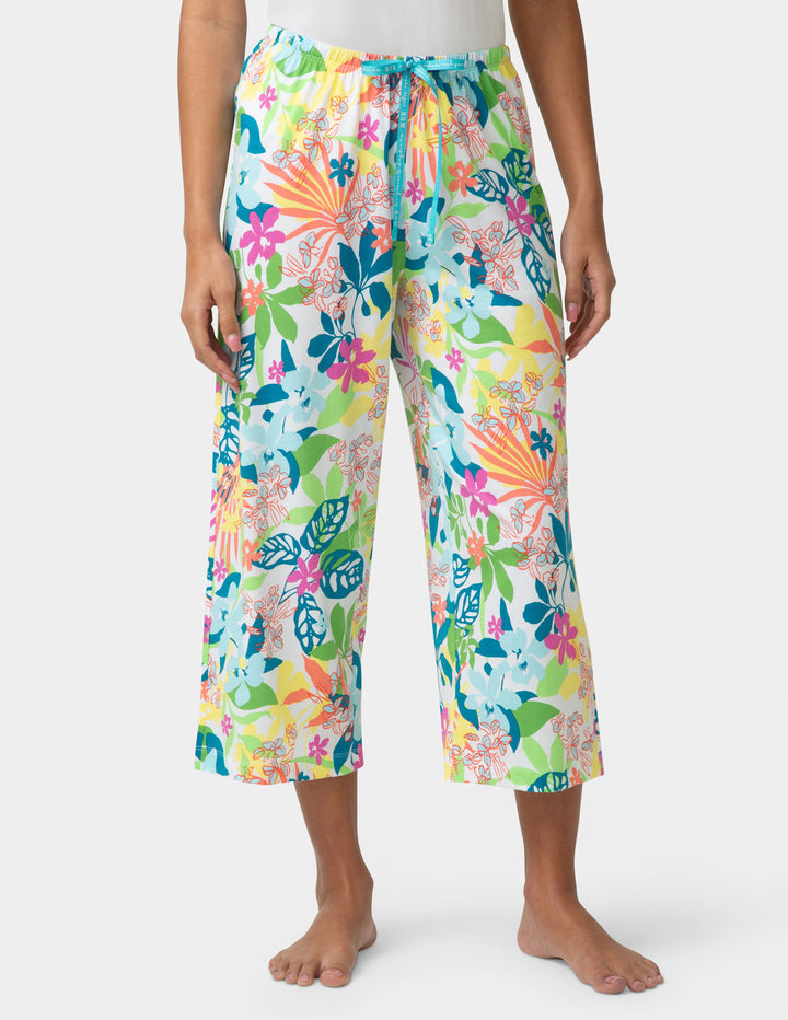 Colorful floral-patterned capri pj pants on a white background