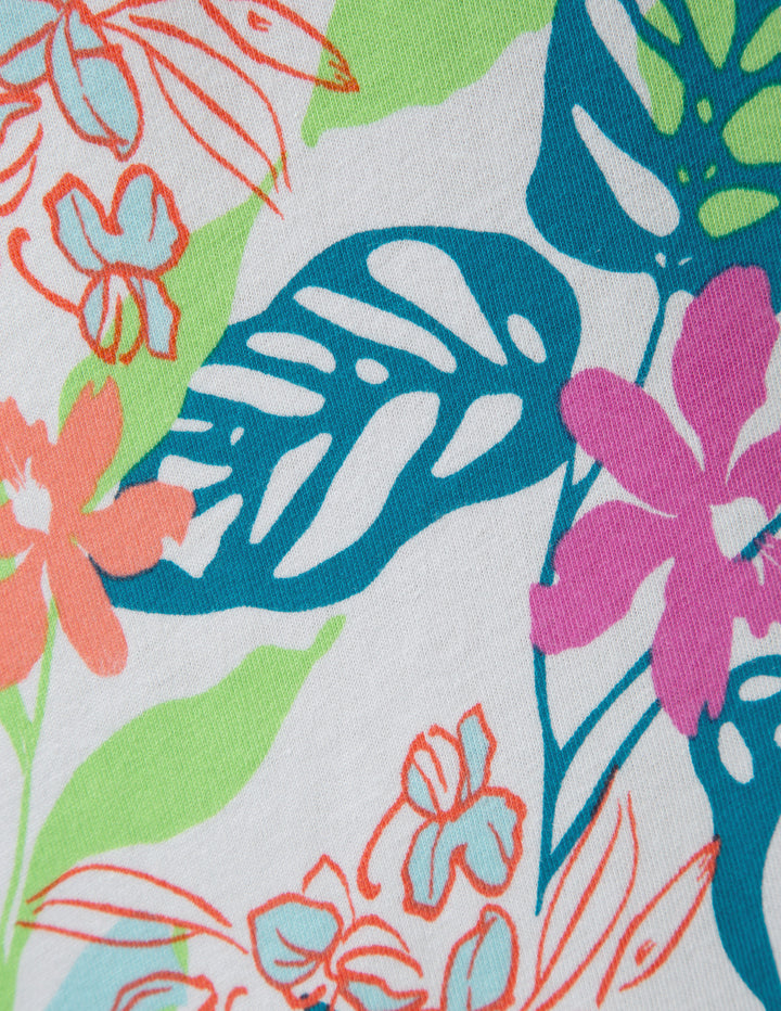 Colorful floral and leaf pattern on a white background