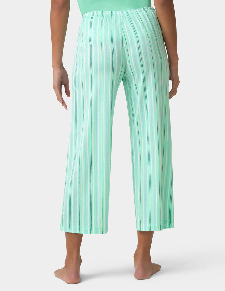 Person wearing green striped pants on a white background