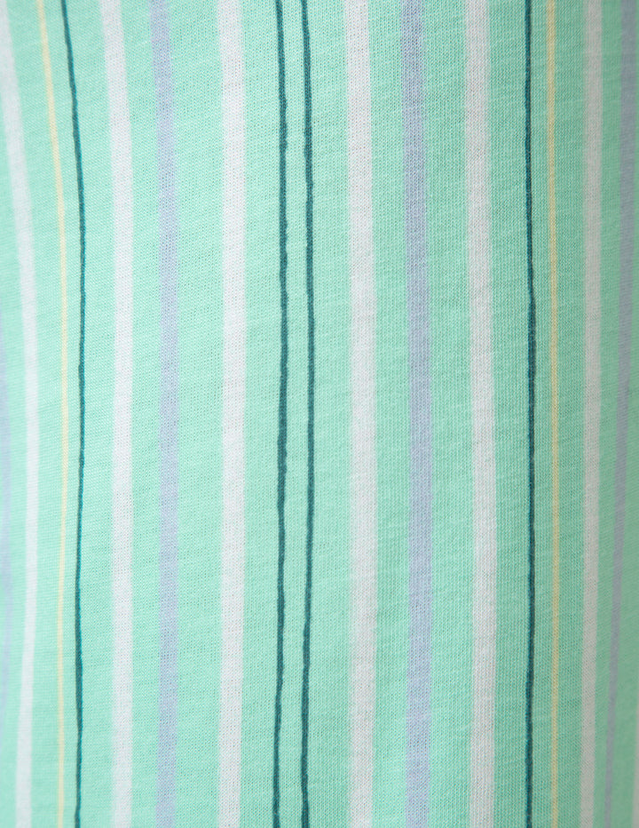 Close-up of fabric with horizontal stripes in green, blue, and white.