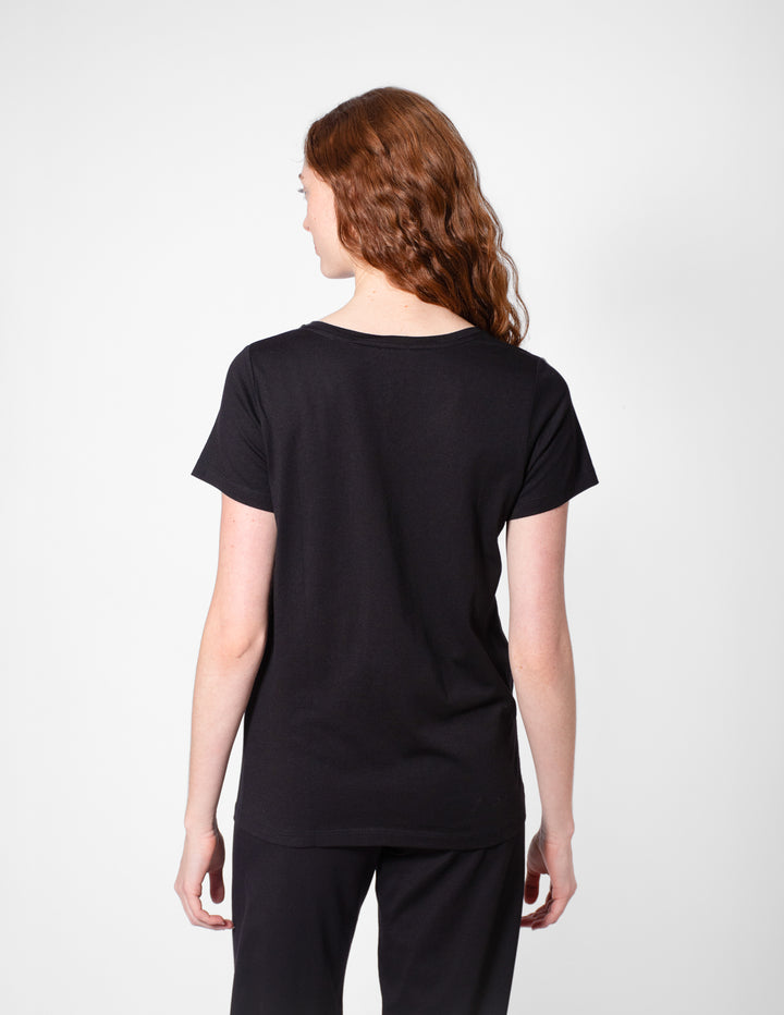 Person wearing a black t-shirt and pants on a white background