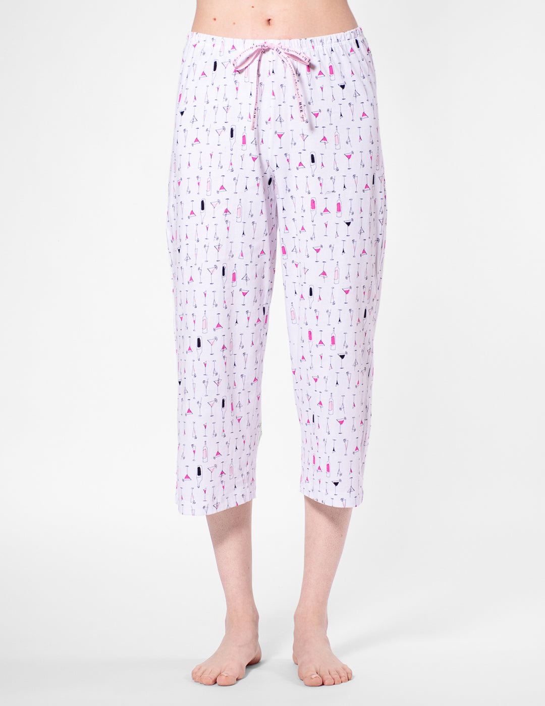 Capri pajama pants with a pattern on a white background