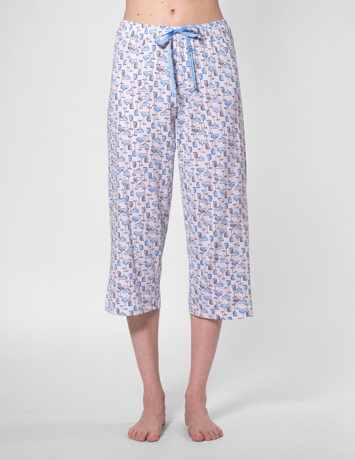 Capri pajama pants with a pattern on a white background