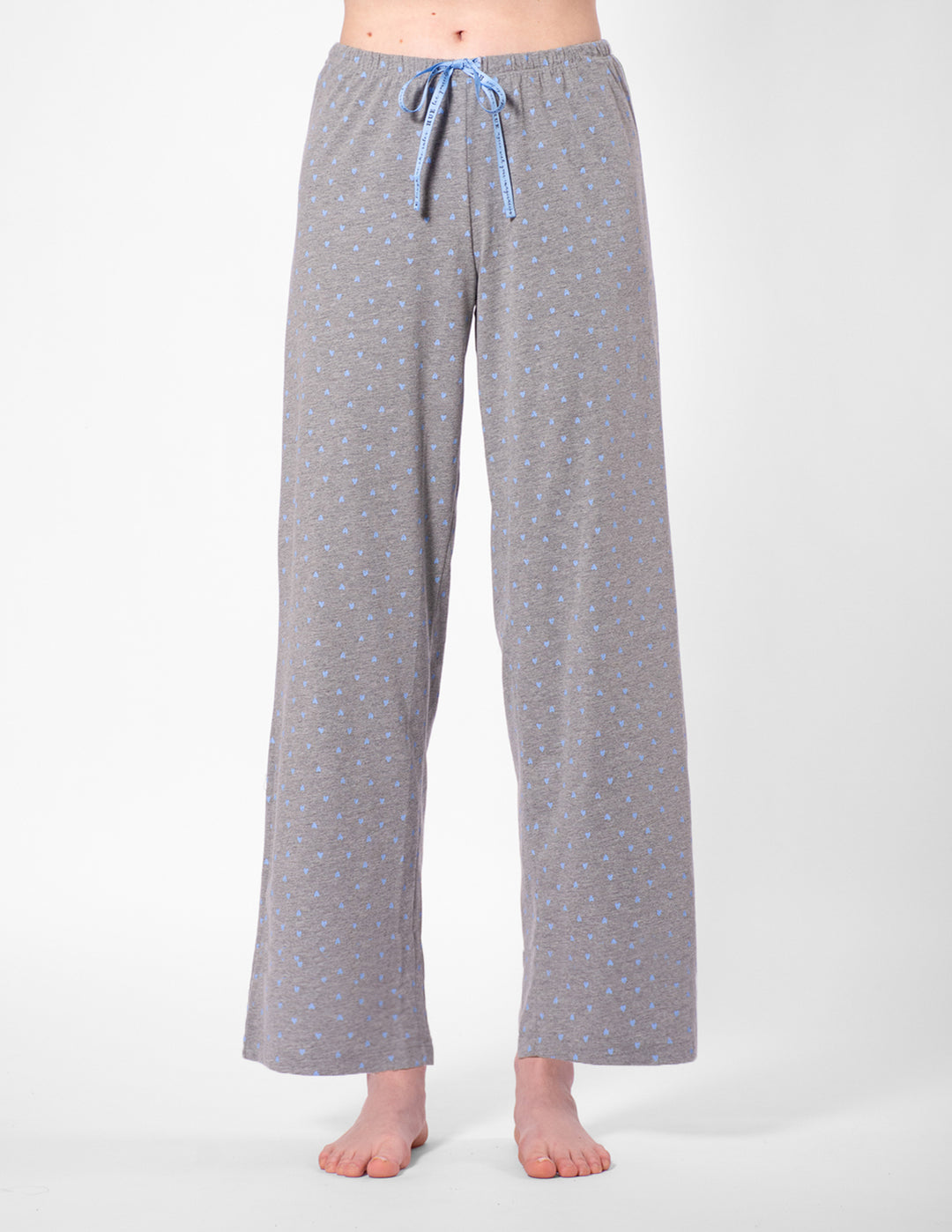 Gray pajama pants with a subtle pattern on a white background