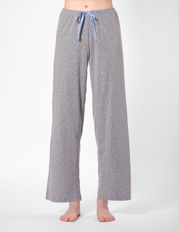 Gray pajama pants with a subtle pattern on a white background