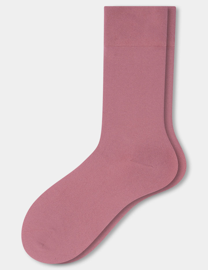 A pair of dusty rose pink crew socks shown flat against a light gray background.