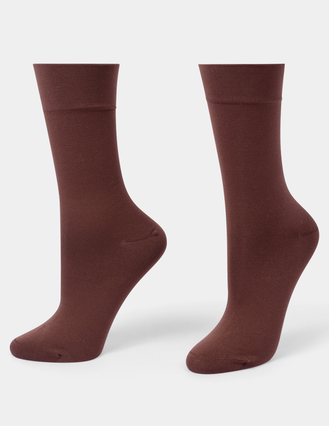 A pair of dark brown crew socks displayed on foot forms against a light gray background.