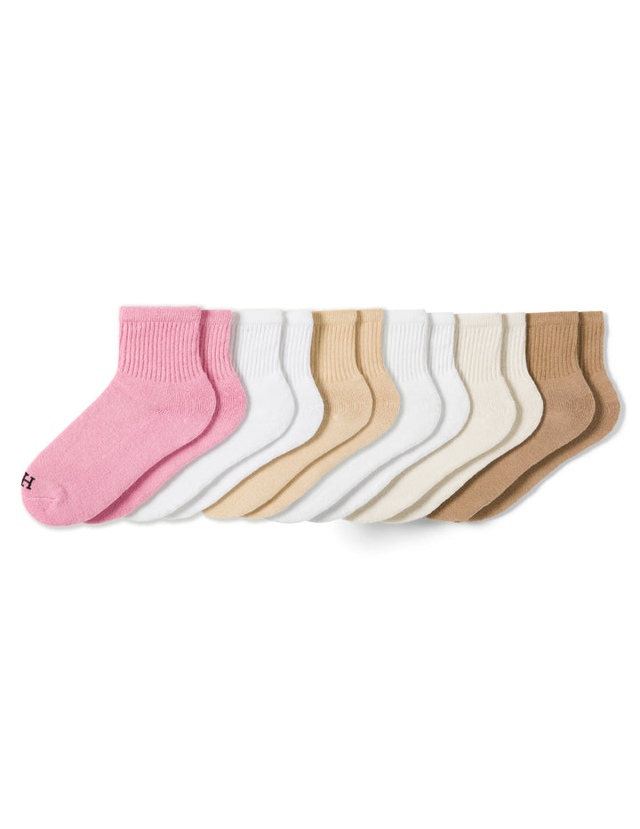 Set of colorful socks arranged in a row on a white background