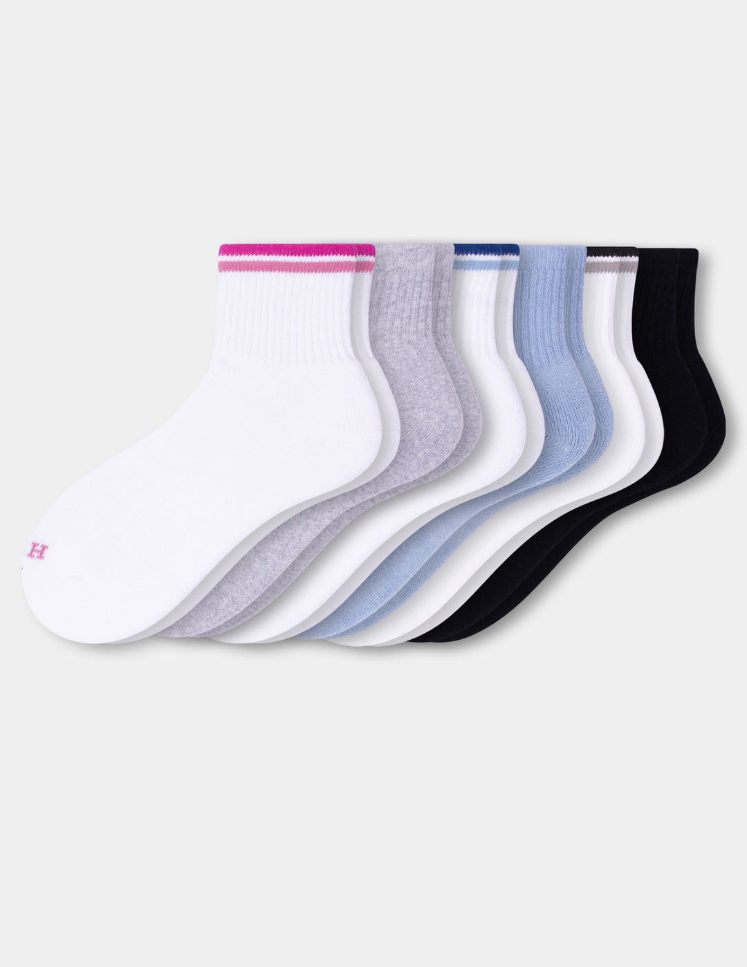 A six-pack of sport mini crew socks in white, light gray, light blue, and black against a light gray background. Each sock features a ribbed cuff with a contrasting stripe.