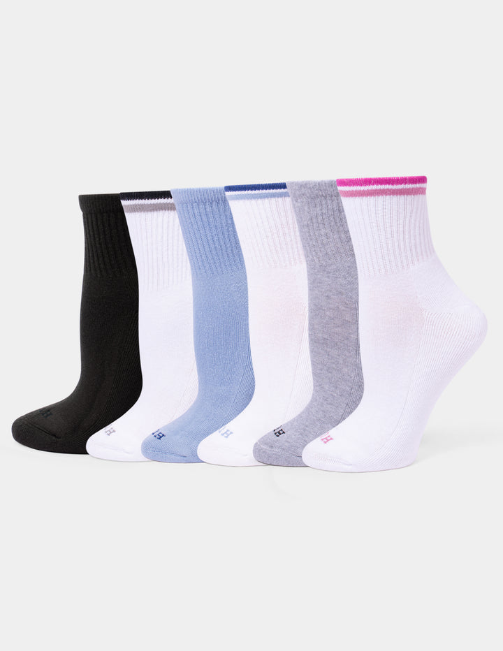 A six-pack of sport mini crew socks in white, light gray, light blue, and black against a light gray background. Each sock features a ribbed cuff with a contrasting stripe.