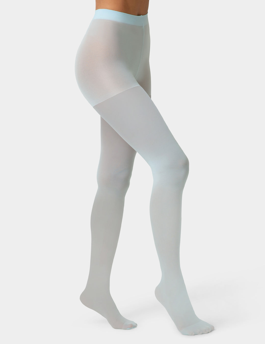 Light blue tights worn by a person on a white background