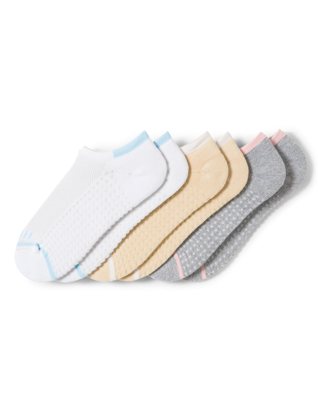 Set of three pairs of socks in white, beige, and gray on a white background
