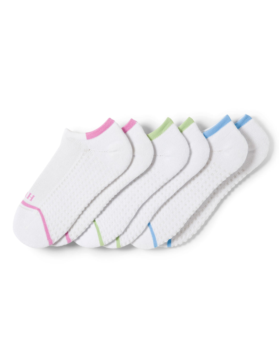 Set of three white ankle socks with colorful accents on a white background