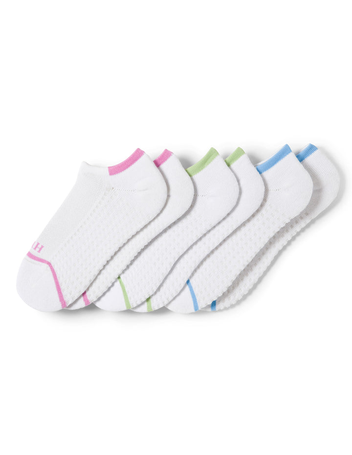 Set of three white ankle socks with colorful accents on a white background