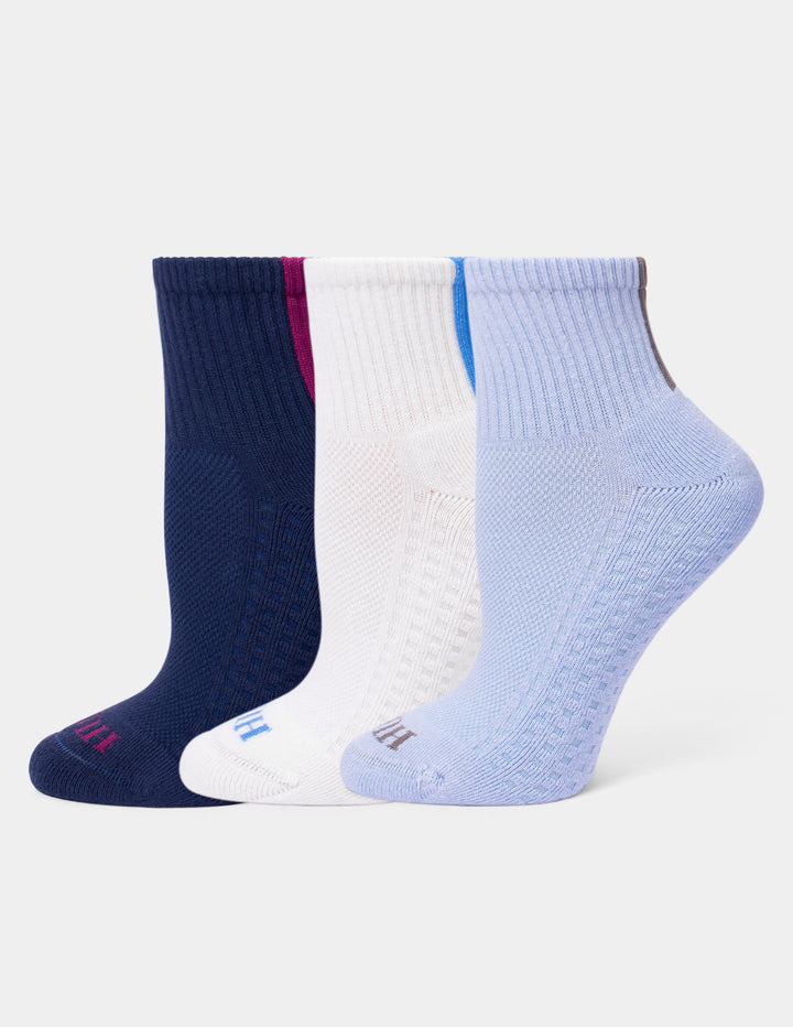 Three pairs of ribbed crew socks in navy, white, and light blue, arranged in a row against a plain white background.