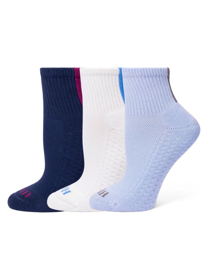 Three pairs of ribbed crew socks in navy, white, and light blue, arranged in a row against a plain white background.