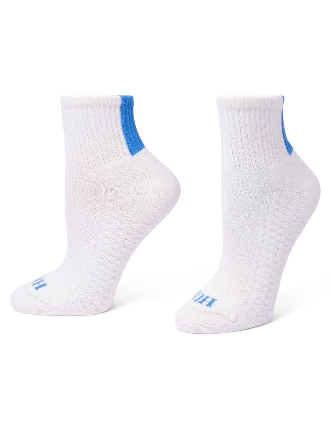 A pair of white athletic crew socks with bright blue accents on the heel and toe, displayed against a clean white background.