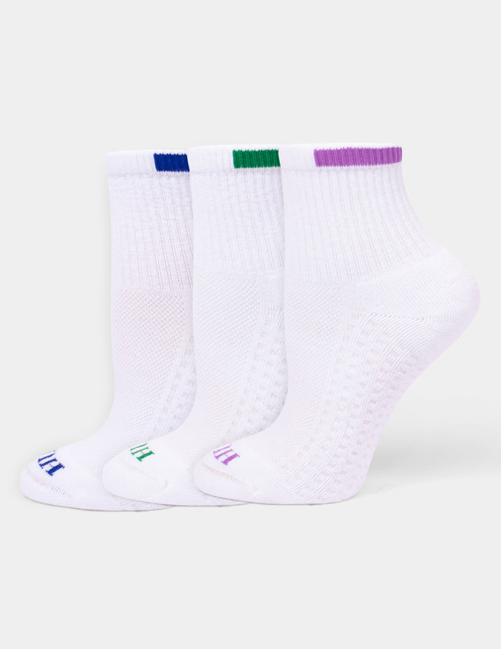 Three white ankle socks with colorful accents, displayed on a light gray background. 