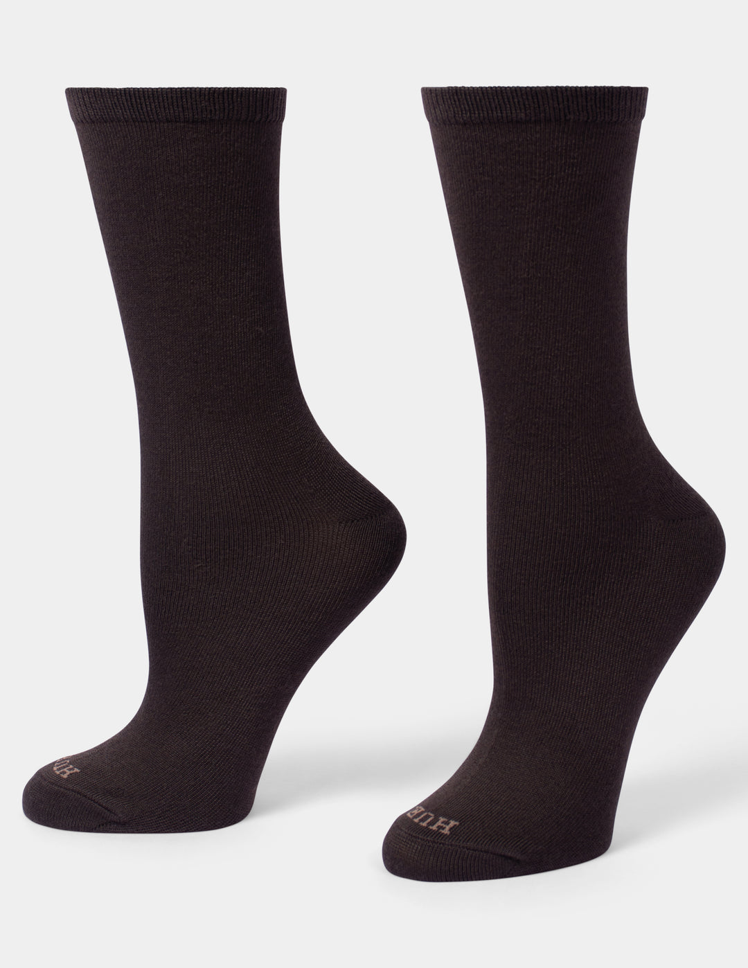 A pair of dark brown crew socks shown from the side against a light gray background.